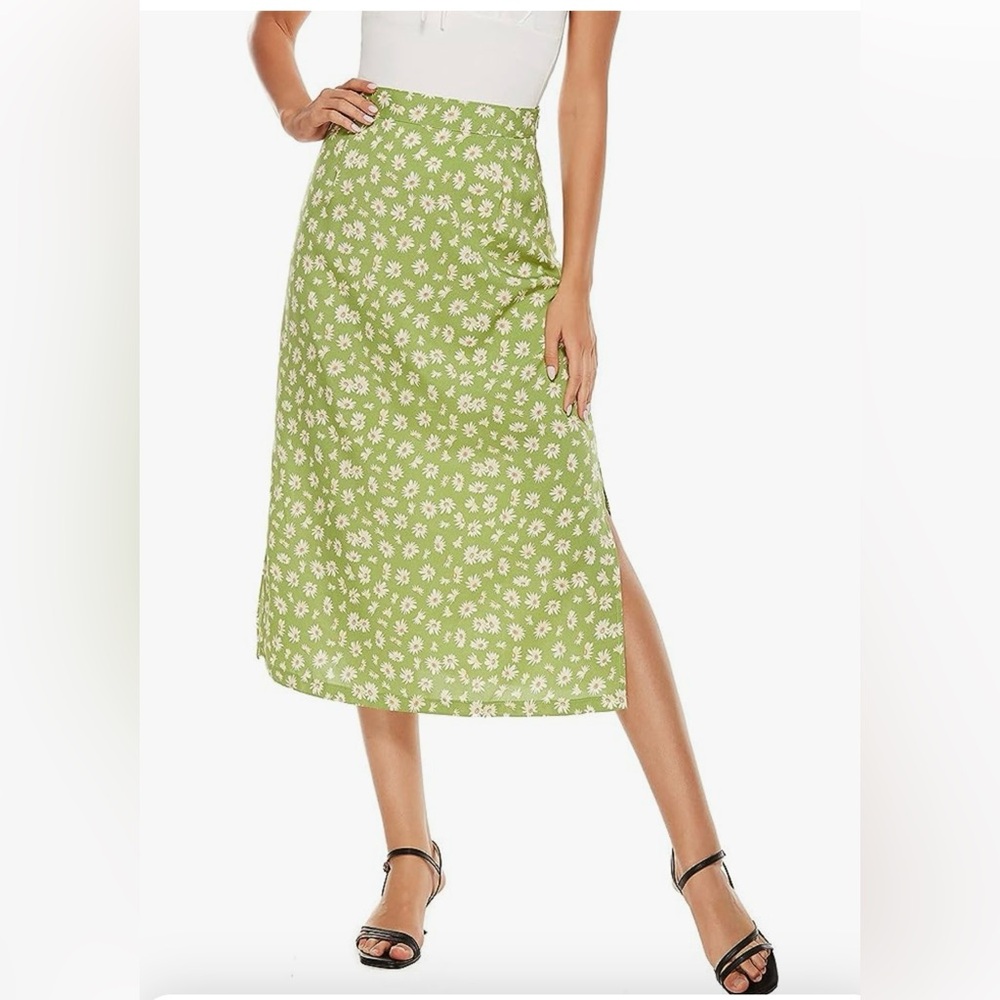 Women's floral light green Side Split High Waist Zipper Midi Skirt